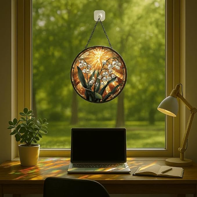 Stained Glass Window Hanging Lily of The Valley with Sunburst 9.8in Floral Sun Catcher, Vintage Rustic Home Decor