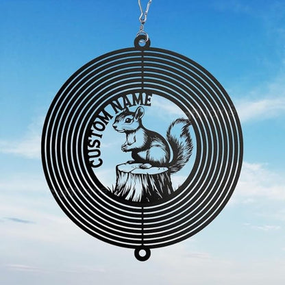 Personalized Squirrel Metal Wind Spinner, Custom Hanging Decoration for Outdoor Spaces, Kinetic Wildlife Ornament, Woodland Gift (Squirrel Garden Wind Spinner)