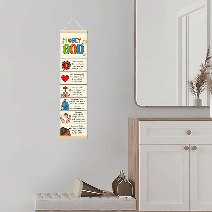 Rustic Canvas Hanging Banner, I Obey God Poster, Bible Story Poster, Wall Decor Art, Religious Artwork Banner Gift for Kids, Family Hanging of Scripture and Words Decorations 11