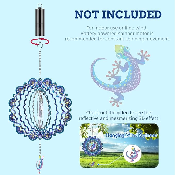 DREAMYSOUL Metal 12" Wind Spinner, Gecko Hanging Wind Spinner for Yard and Garden 3D Kinetic Wind Sculpture Indoor Outdoor Patio Decoration