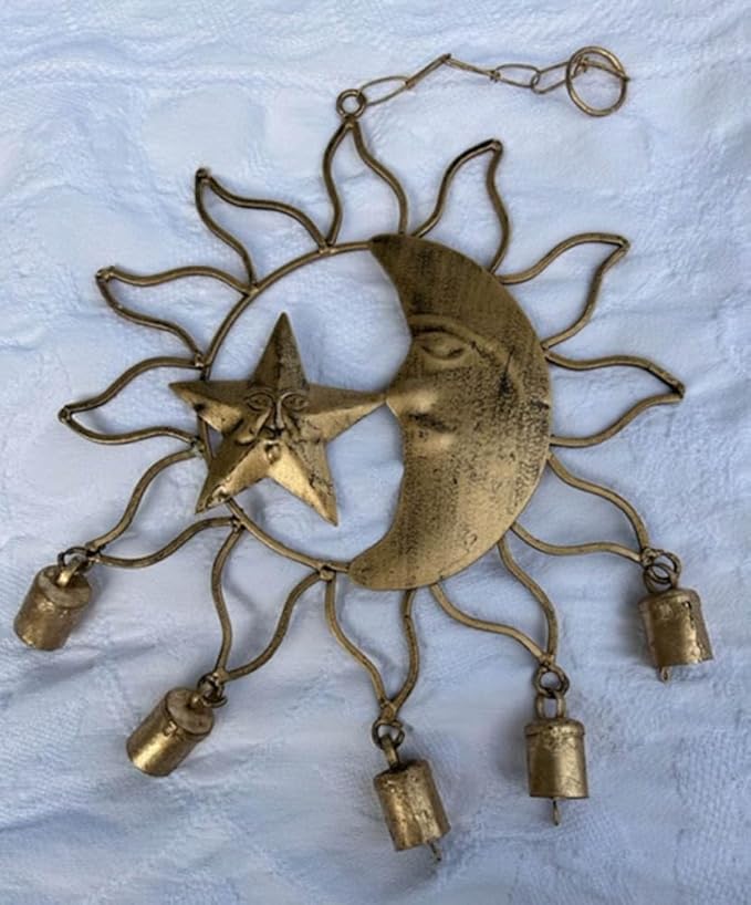 Celestial Wind Chime | Crescent Moon and Star Inside Silhouetted Sun | Copper Colored Metal | 13.5"