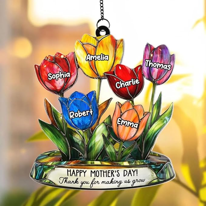 Personalized Grandma Mom Tulip Flower Acrylic Sun Catcher Ornament, Custom Heartfelt Grandma Gifts for Mothers Day, Nana Gift from Grandkids, Custom Family Window Hanging Home Decor