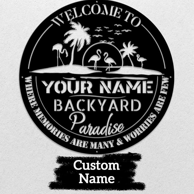 MeMate Backyard Sign Outdoor Decor, Personalized Metal Sign for Backyard, Patio, Custom Name Signs for Garden Porch, Deck, Large Metal Sign