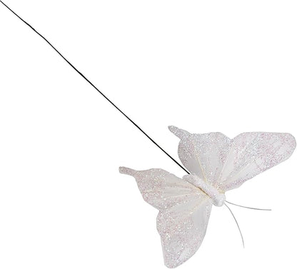 Cartanfill- Feather Fake Butterfly Balcony Decoration, Wedding Home Flower Pot Christmas Valentine's Day Fairy Garden Fairy Garden Supplies, White, 12pcs Wire