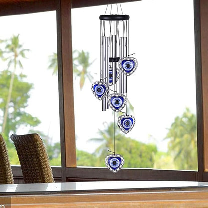 Blue Evil Eye Heart Wind Chimes, Metal Tubes Hanging Ornaments, Car Outdoor Garden Decor (Heart)