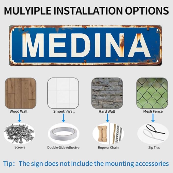 MEDINA Street Tin Sign 16 * 4 Inches, Vintage Decor for Home Outdoor Sign Patio Bar, Cool Wall Art Beachy Decor Retro Home Decor