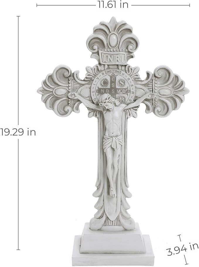 LuxenHome Jesus Cross Decor Statue, 19 Inch Tall Off White Polyresin Holy Cross Jesus Crucifix Statue, Standing Crucifix Catholic Decor for Indoor Outdoor Garden, Christ Sculpture Gift