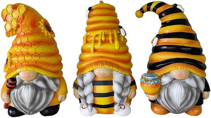 OrnamentallyYou Spring & Summer-Themed Garden Statues – Adorable Outdoor Decor for Lawn, Patio & Porch (Buzzy Trio Set of Three Bumble Bee Gnome Figurines, 6" Tiered Tray Home or Garden Decoration)