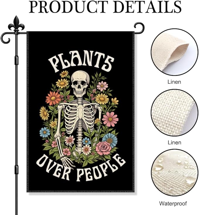 Plants Over People Halloween Garden Flag Double Sided Yard Outdoor Decoration 12x18 Inch, Plant Garden Flag, Halloween Skull Floral Patio Decorative Banner, Funny Skeleton Gardener Gifts