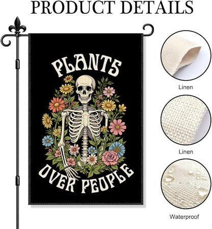 Plants Over People Halloween Garden Flag Double Sided Yard Outdoor Decoration 12x18 Inch, Plant Garden Flag, Halloween Skull Floral Patio Decorative Banner, Funny Skeleton Gardener Gifts