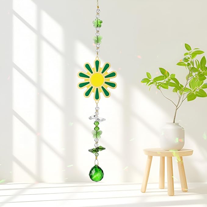 Crystal Sun Catcher Green Flower Suncatchers Crystal Rainbow Maker Ornament for Windows Hanging Healing Crystals Gift for Wife Mom