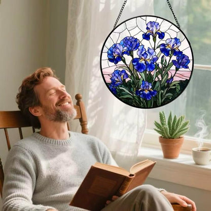 Stained Glass Window Hanging - Blue Iris Painting 7.8 Inches Suncatcher for Garden Home Decor for Women Mon Grandma Friends