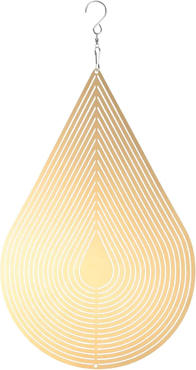 M METERXITY 1-Pack Hanging Wind Spinners, 15.4" 3D Stainless Steel Hanging Reflective Pinwheels for Patio/Yard/Outdoor, Garden Decor Windmill [Gold Tone, Water Droplets]