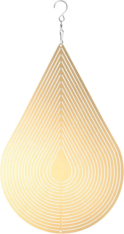 M METERXITY 1-Pack Hanging Wind Spinners, 15.4" 3D Stainless Steel Hanging Reflective Pinwheels for Patio/Yard/Outdoor, Garden Decor Windmill [Gold Tone, Water Droplets]