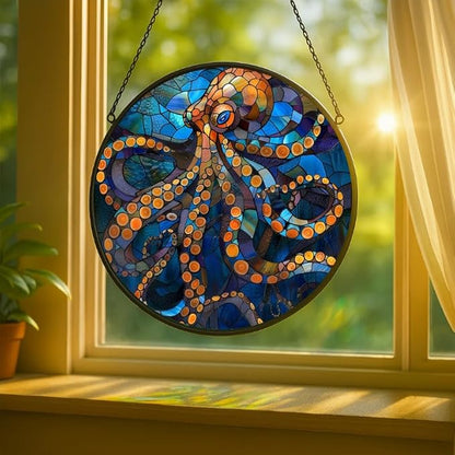 Stained Glass Window Hanging Octopus Theme 11.8in Sun Catchers Panel for Indoor Decorative Display for Mom Wife Lovers Festive
