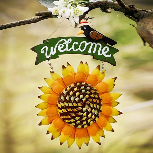 Sunflower Welcome Sign Metal Hanging Welcome Plaque for Wall Front Door - Decorative Flower Yard Signs Spring Wreath Decor for Garden Porch Patio Backyard (G)
