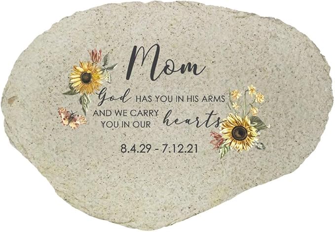 GiftsForYouNow Sunflowers Personalized Memorial Garden Stone, Flat UV Resin Stone, Measures 11.25" W x 7.75" H, God Has You in His Arms, Loss of Mother, Bereavement Gift
