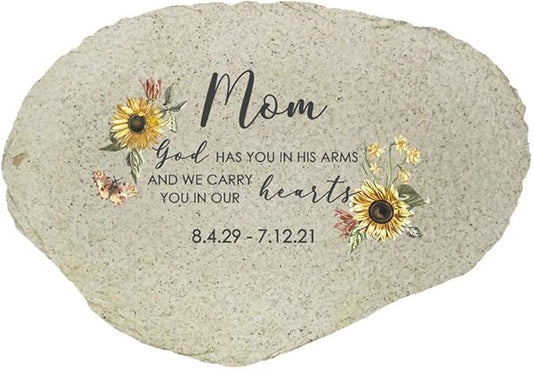 GiftsForYouNow Sunflowers Personalized Memorial Garden Stone, Flat UV Resin Stone, Measures 11.25" W x 7.75" H, God Has You in His Arms, Loss of Mother, Bereavement Gift