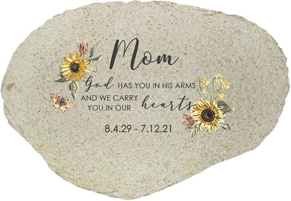 GiftsForYouNow Sunflowers Personalized Memorial Garden Stone, Flat UV Resin Stone, Measures 11.25" W x 7.75" H, God Has You in His Arms, Loss of Mother, Bereavement Gift