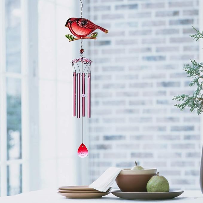 Evealyn Outdoor Red Cardinal Bird Wind Chimes, Indoor Stained Glass Metal Tubes Music Beautiful Windchimes Hanging for Room,Balcony,Window, Garden,Yard, Patio,Lawn Creative Home Decoration (Red)
