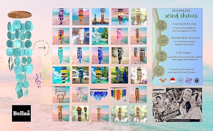 Bellaa 24629 Bamboo Wind Chimes Sea Sand Art Painting Palm Coconut Tree Gecko Sea Turtle Handmade Windchimes Outdoor Garden Patio Gifts 32 Inch