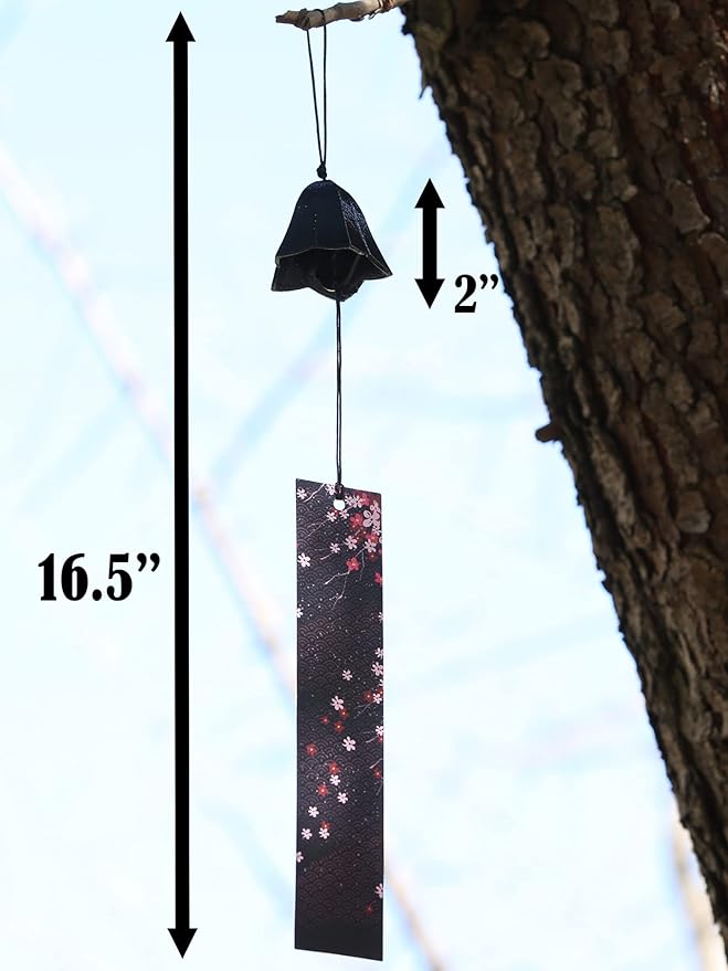 Japanese Wind Chime Cast-Iron Outdoor Ornament for Garden, Patio & Balcony, Hanging Metal Wind-Bell Decoration Gift, Blessing Pendant Windchimes & PVC Wind-Catcher, Gentian Flower