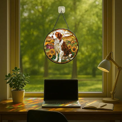 Stained Glass Window Hanging - Farm Dog & Sunflower Field 9.8in Sun Catchers Indoor Stained Glass Panels Wall Decor for Mom Wife Lovers Festive