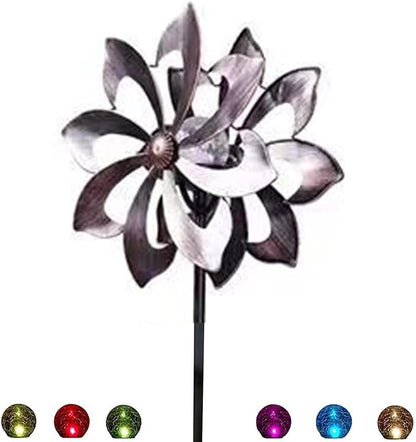 NUENUN Wind Spinner Outdoor Metal - Multi-Color Seasonal LED Lighting Solar Powered Glass Ball with Kinetic Wind Spinner Dual Direction for Patio Lawn & Garden (New Coffee Color)