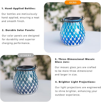 Starsoul 2 Pack Solar Lanterns Outdoor Waterproof, Elegant Blue Glass Mosaic Solar Lantern, Solar Hanging Lights Outside Patio Porch Yard Decor