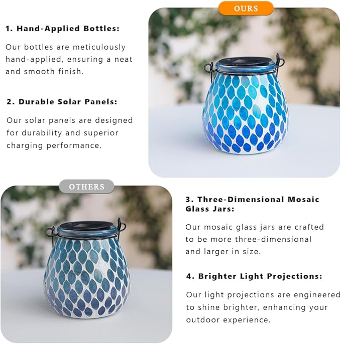 Starsoul 4 Pack Solar Lanterns Outdoor Waterproof, Elegant Blue Glass Mosaic Solar Lantern, Solar Hanging Lights Outside Patio Porch Yard Decor