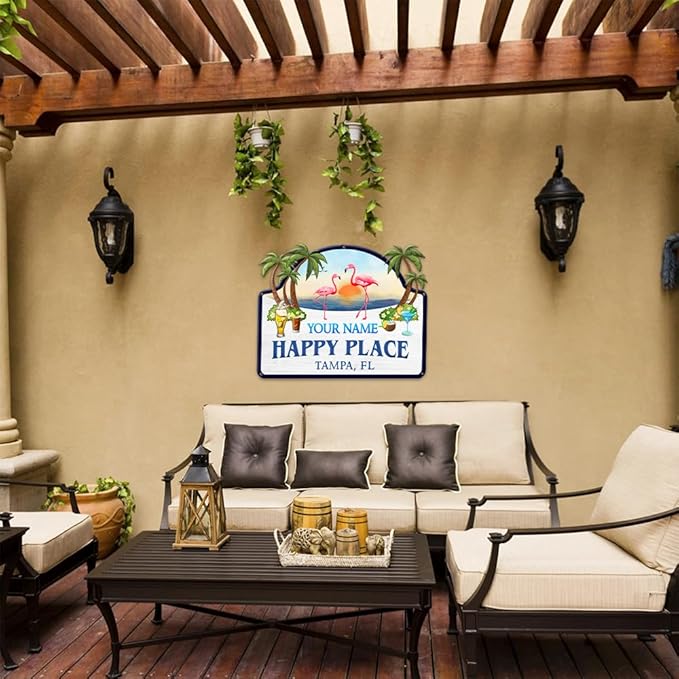 MeMate Flamingo House Signs, Flamingo House Metal Sign, Personalized Name Outdoor Sign, Flamingo House Outdoor Décor for Porch Deck Backyard Patio Pool, Flamingo Metal Sign Housewarming Gift for Family Friend 07