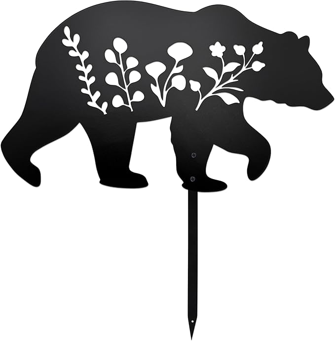 Bear Garden Stake Statue - Flat Black Bear Figurine for Outdoor Lawn & Patio Decor, Composite Ground Stake Decorative Accent