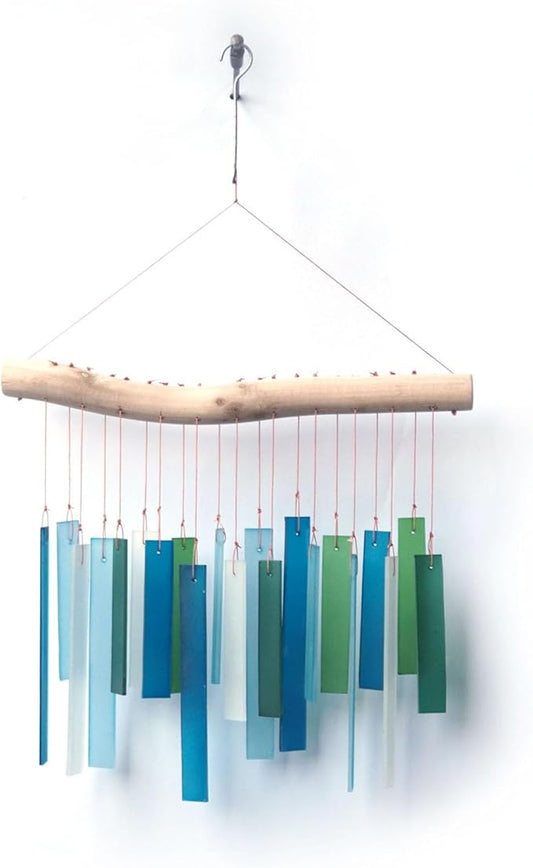 Sunset Vista Designs Handcrafted Driftwood and Sea Glass Recto Wind Chime, Large, Blue Lagoon