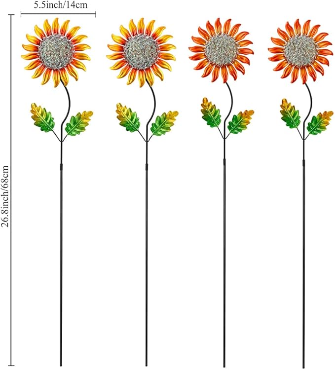Garden Decor for Outside,Metal Sunflower Garden Stakes Lawn Ornaments Decorative Spring Decor 4 Pcs,Yard Art for Outdoor Lawn Patio Pot Decoration