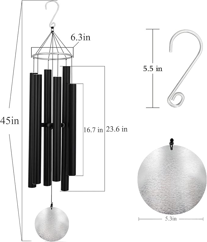 ASTARIN Large Wind Chimes Outdoor Deep Tone,45 Inch Sympathy Wind Chimes for Outside with 6 Tubes Tuned Relaxing Melody,Memorial Wind Chimes Large for Mom,Garden Decor,Black