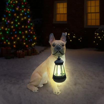 French Bulldog Statue with Solar Lantern & Double-Sided Welcome Sign, Lifelike Fawn Frenchie Dog Garden Decor Sculpture for Outdoor, Patio, Yard, Lawn Porch Ornament, Dog Lover Gifts (13.8" Tall)