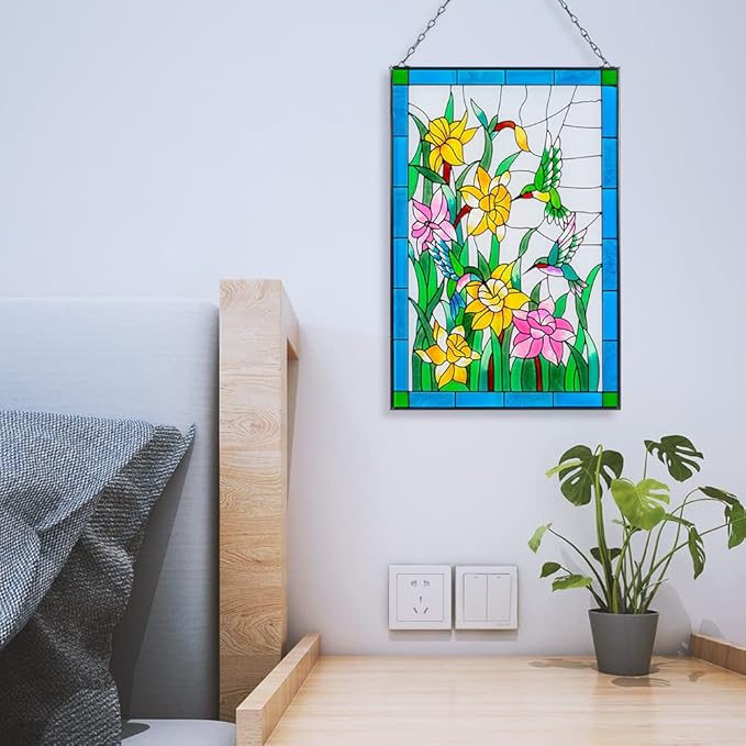 Viveta Hummingbird Stained Glass Window Hanging, Birds and Flowers Suncatcher for Window, Hummingbird Stained Glass Panel Hanging Ornament(Rectangular 10 * 15")