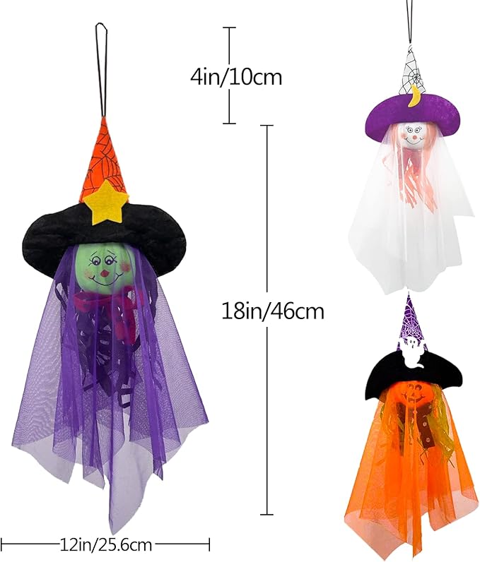 Halloween Hanging Ghost Decorations Outdoor, Pumpkin Witch Halloween Tree Ornaments, Cute Flying Ghost Straw Windsock Pendant Home Indoor Decor Yard Patio Lawn Garden Outside Kids Party Supplies 3PCS