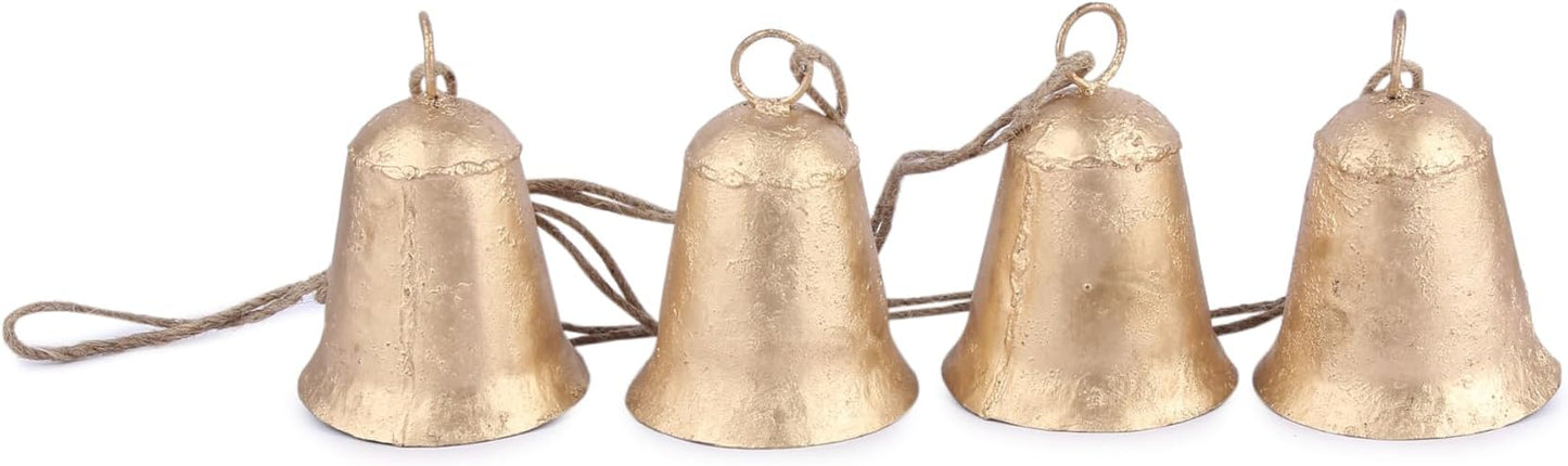 Decorative Cow Bell, 27" Hanging Bells Chime, Rustic Antique Brass Finish Metal Bells with Jute Rope, Tibetan Inspired Farmhouse Vintage Cascading Bell's for Indoor, Outdoor Patio, Garden & Wall Decor