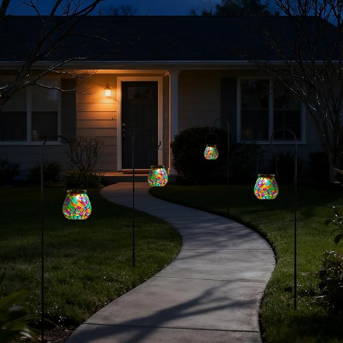 Stargarden 4 Pack Mosaic Solar Lanterns Outdoor Waterproof, Colorful Glass Hanging Lantern Decorative Solar Lights for Yard, Patio, Lawn, Gaden Decor
