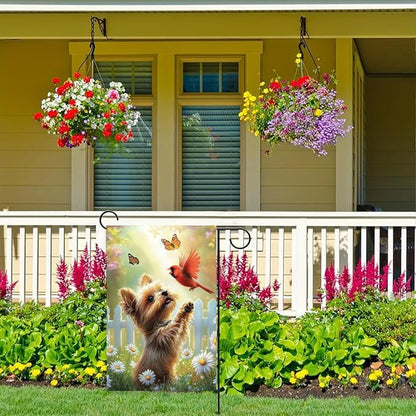 Spring Summer Garden Flags for Outside 12x18 Double Sided, Small Burlap Yorkie Dog Cardinal Floral Garden Flag Spring Summer Outdoor Yard Decorations