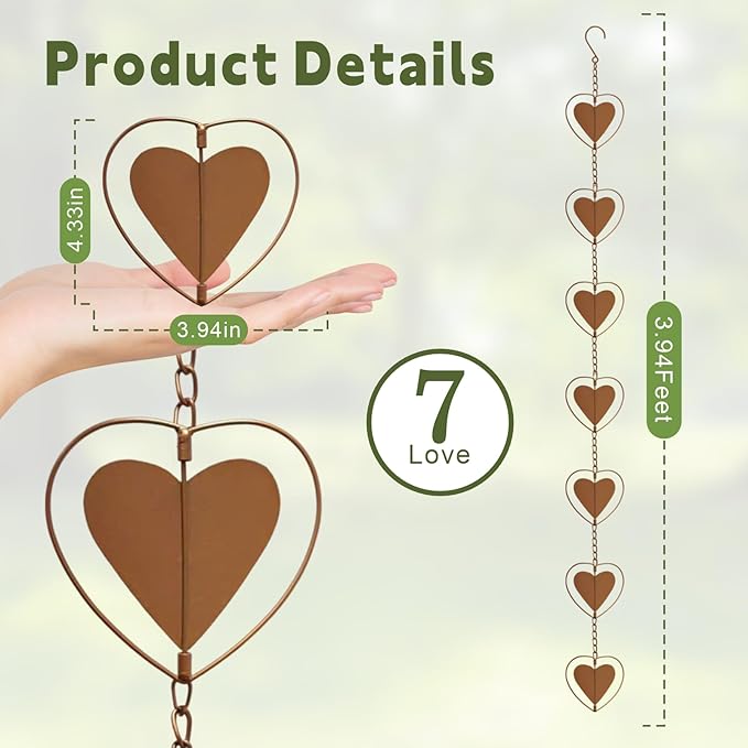 Metal Love Rain Chain for Gutters, Rust Resistant Outdoor Rain Catcher, Perfect for Heavy Rain, Indoor/Outdoor Decoration, Dark Bronze Finish