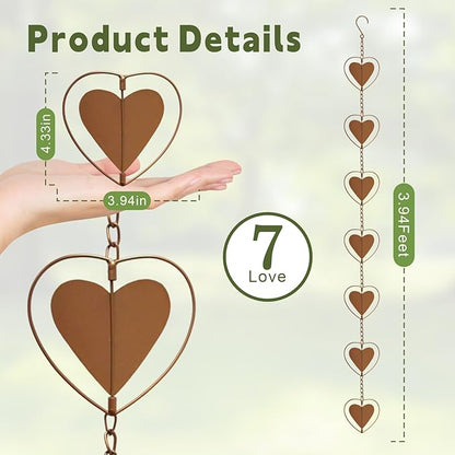 Metal Love Rain Chain for Gutters, Rust Resistant Outdoor Rain Catcher, Perfect for Heavy Rain, Indoor/Outdoor Decoration, Dark Bronze Finish