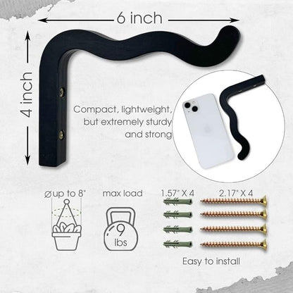 EvenWood 2-Piece Set of Wavy Wooden Wall Planters for Indoor Plants 6 Inch - Natural Plant Hook for Wall Plant, Wind Chimes, Flower Brackets, Patio Garden Decorations - Bracket Plant Hanger (Black)
