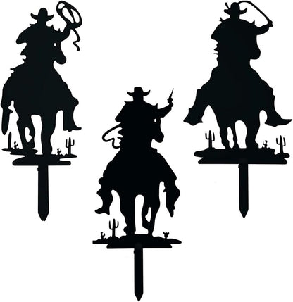 3PCS Metal Garden Stake, Western Cowboy Silhouette Yard Sign Vintage Cowboy Decor Western Garden Flag for Home Garden Lawn Yard