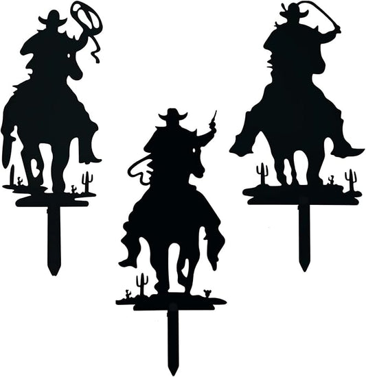 3PCS Metal Garden Stake, Western Cowboy Silhouette Yard Sign Vintage Cowboy Decor Western Garden Flag for Home Garden Lawn Yard