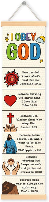 Rustic Canvas Hanging Banner, I Obey God Poster, Bible Story Poster, Wall Decor Art, Religious Artwork Banner Gift for Kids, Family Hanging of Scripture and Words Decorations 11