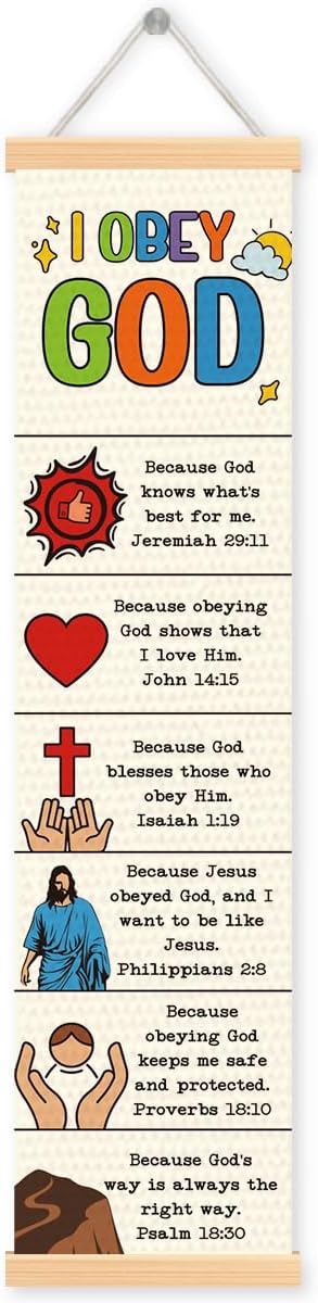 Rustic Canvas Hanging Banner, I Obey God Poster, Bible Story Poster, Wall Decor Art, Religious Artwork Banner Gift for Kids, Family Hanging of Scripture and Words Decorations 11