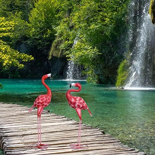 2Pcs Flamingo Outdoor Statues, Metal Flamingo Yard Art Decor for Garden Home Patio Yard Display