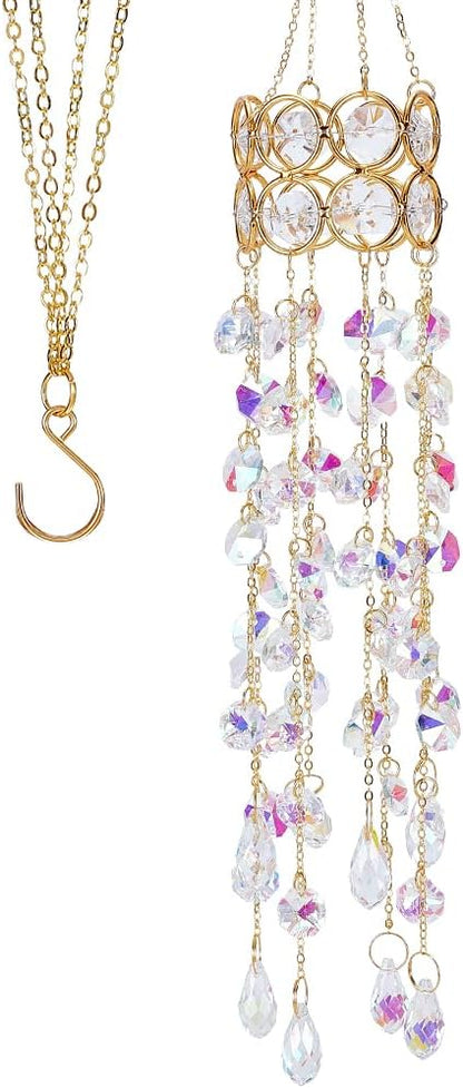 17.9In Crystal Wind Chimes Glass Crystal Suncatcher Prism Hanging Rainbow Maker Sun Catchers Octagonal Bead Chains Windchime for Window Hanging Ornaments Home Garden Decor Indoor Outdoor